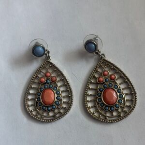 Elegant Teardrop Dangle Earrings with faux Coral and Blue Accents